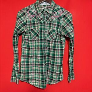 Rock 47‎ by Wrangler Women's Green Plaid Embroidered Western Shirt Size S